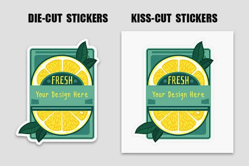 Depicts differences between die cut stickers and kiss cut stickers.