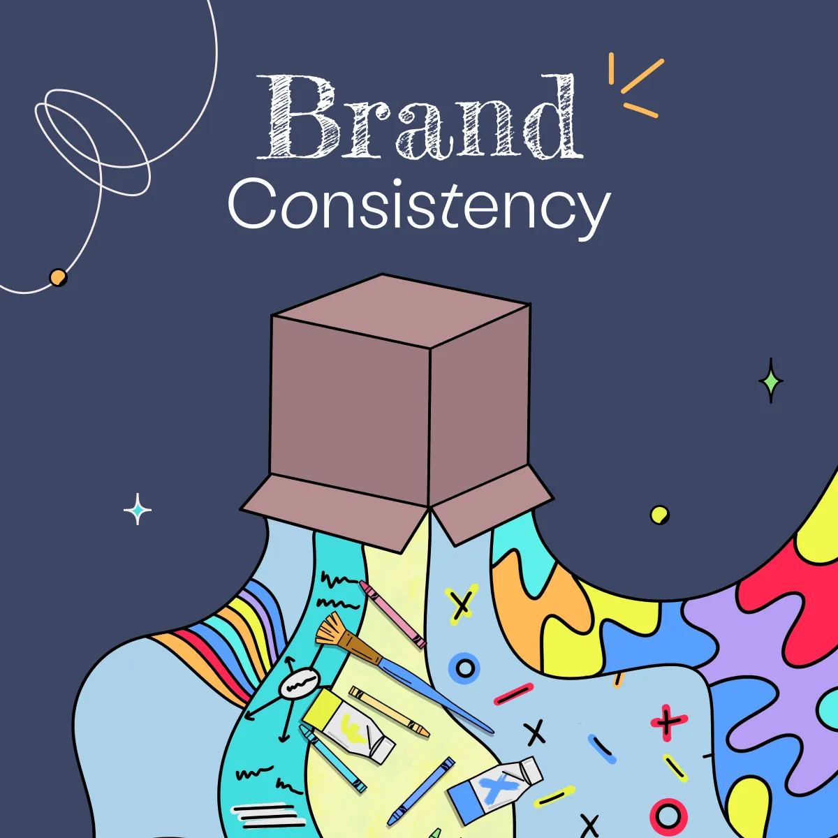 An image with the word brand consistency and an upside down cardboard box with various things dropping out of it.