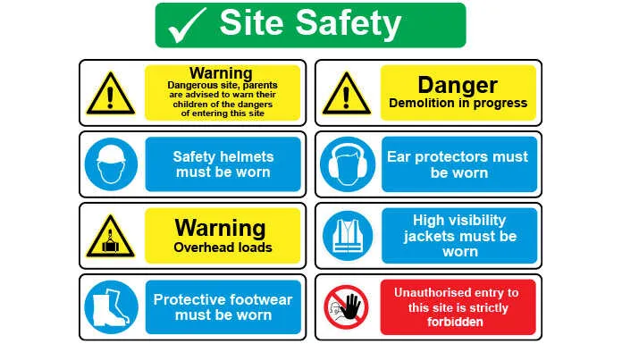 A site safety picture with various warnings.